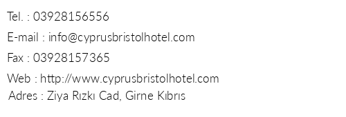 Bristol Hotel Girne telefon numaralar, faks, e-mail, posta adresi ve iletiim bilgileri